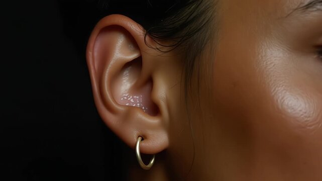 Close-up of a woman's ear with gold hoop earring against a dark background