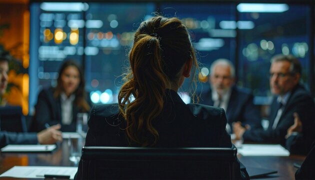 Late at night In the corporate office conference table executive director talks to a board of directors, investors and business associates. 