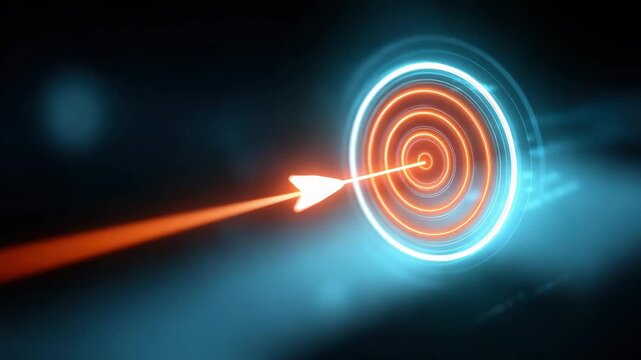 Glowing arrow hitting center of neon target symbolizing precision and success in futuristic digital environment with dynamic light effects aiming goal for ultimate achievement