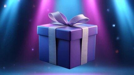 Purple gift box with ribbon and bow under colorful spotlight, festive celebration with glowing lights and soft shadows creating joyful atmosphere and magical present for celebration