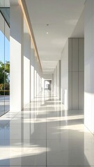 Obraz premium Modern architectural interior with clean white walls, tiled floor, glass facade