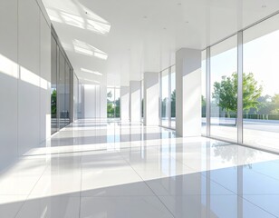Naklejka premium Modern architectural interior with clean white walls, tiled floor, glass facade