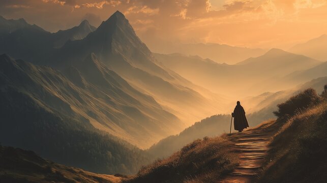 Mountain hermit walking on a winding path during golden hour near a serene valley