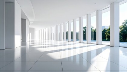 Modern architectural interior with clean white walls, tiled floor, glass facade