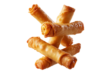 Fried cheese sticks wrapped in dough or spring rolls stacked in pile, isolated on white transparent background, concept of Venezuela cuisine snack