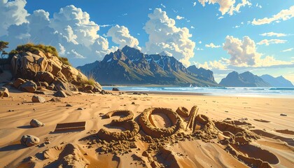 Beach Scene with 30% in the Sand, Mountains, Clouds, and Blue Sky