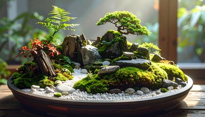Beautiful Bonsai Tree Garden Composition with Rocks, Plants, and Moss