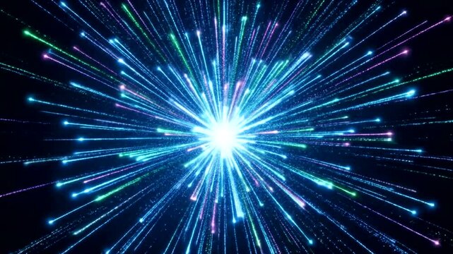 A vibrant explosion of radiant, multicolored particles radiates outwards against a deep black backdrop.