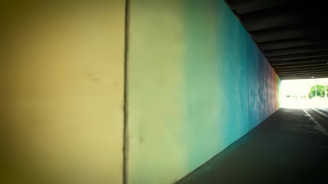 Colorful urban underpass wall with vibrant gradient and bright exit.