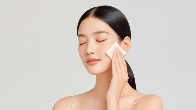 コットンを使ってスキンケアをする日本人女性：朝のモーニングルーティーン