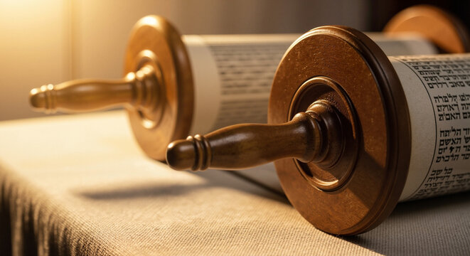Open Torah scrolls on wooden rollers resting on a table in sunlight  