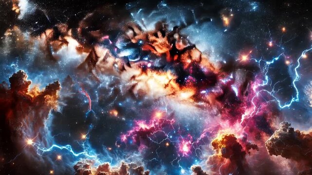 Video of Milky Way galaxy arcs across night sky with stars, glowing nebulae, interstellar dust.
