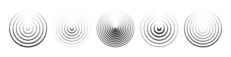 Black concentric circle icons with gradient thickness and contrast. Round sound wave patterns. Pain symbols. Simple monochrome graphic set. Vector illustration.