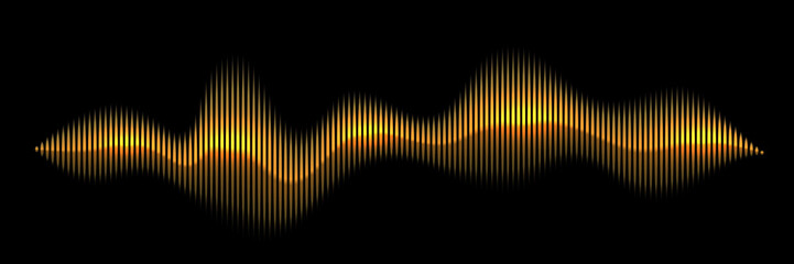 Orange sound wave with glowing vertical bars on black background. Abstract music waveform in fiery gradient style for audio equalizer, visualizer, or DJ theme. Dynamic neon vector illustration.