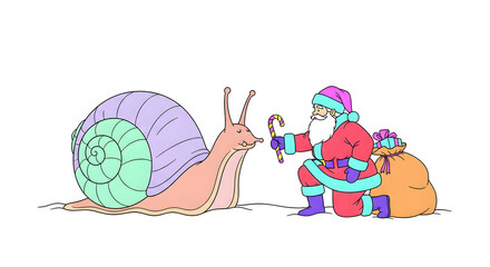 Whimsical illustration of santa claus feeding a giant snail a candy cane isolated on white background