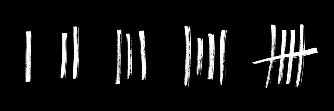 Tally marks brush strokes set. White hand-painted counting lines in various styles, including single strokes and crossed fifth mark on black. Vector grunge ink design for counting, tracking, graphic.