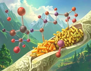 Artistic depiction of molecular structures and capsule-shaped objects