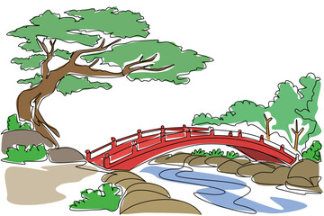 Continuous one line drawing public garden with red wooden bridge with big trees. Public facilities that soothe eyes and mind. National Public Gardens Day. Single line draw design vector illustration