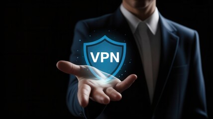 Professional businessman showcases digital security with glowing VPN shield symbol in dark modern setting