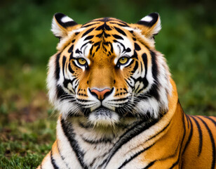 Close-up of a Bengal tiger lying on green grass, staring directly at the camera with intense eyes, showcasing wild life beauty and nature’s power in a natural habitat.