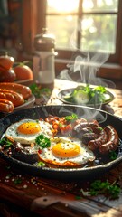 Fototapeta premium Sunny Side Up - A Delicious Breakfast Feast with Eggs and Sausage.