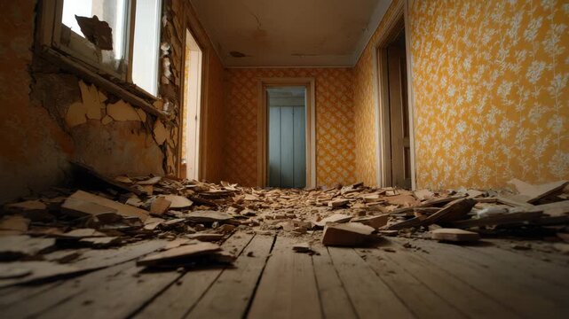 Old abandoned room with peeling wallpaper and broken wooden floorboards scattered debris creates neglected eerie atmosphere empty interior space showing decay and neglect old house interior with