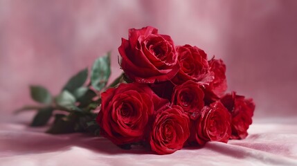 Obraz premium A romantic bouquet of vibrant red roses is artfully arranged on a soft draped pink velvet background highlighted by gentle lighting