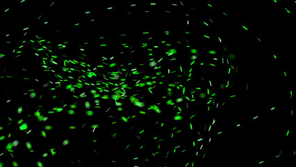 Blurred fire green embers sparks on black background . Texture isolated overlays. Concept of dust, particles, sparkles, light and flames.