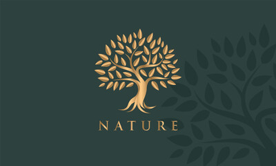Golden tree icon, isolated background, dark green, simple and elegant, suitable for logos, icons.