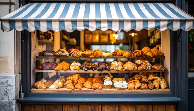 Bakery window with fresh croissants and pastries