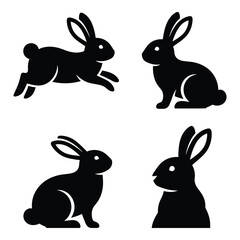 Four black silhouette rabbits in various poses for design and illustration projects springtime fun silhouette