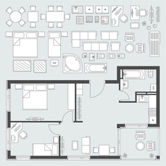 Furniture set and furnished apartment plan.