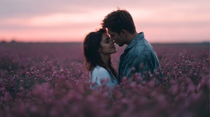 Romantic couple shares an intimate moment embracing in a vibrant flower field during a soft sunset