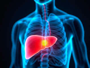 Human liver highlighted in medical scan showing disease or inflammation concept