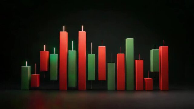 Colorful candle glow with green, yellow, and red flame light dark background creating vibrant reflection alongside dynamic red and green candlestick chart bars illuminating financial market trends