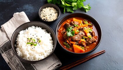 Asian beef and vegetable stew with a bowl of rice