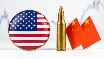 US and China flag buttons with bullet between them, financial graph in background, symbolizing geopolitical tension.