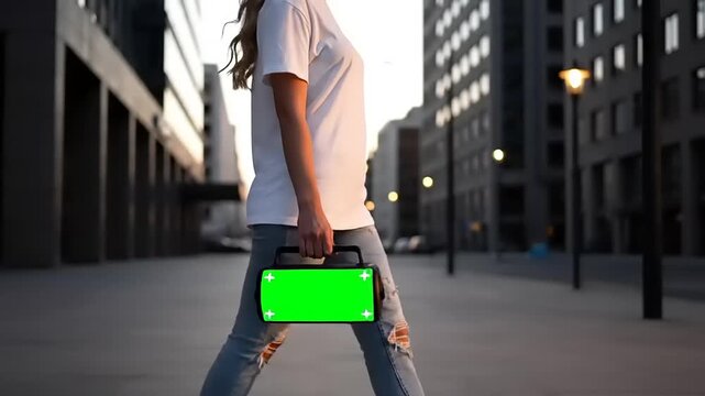 Young Woman Walking in City with Portable Speaker Displaying Green Screen for Mockup