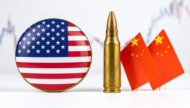 US and China flag buttons with bullet between them, financial graph in background, symbolizing geopolitical tension.