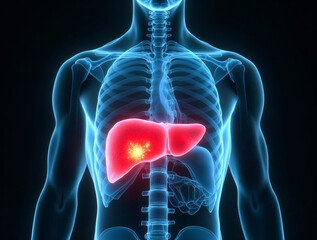 Human liver highlighted in medical scan showing disease or inflammation concept