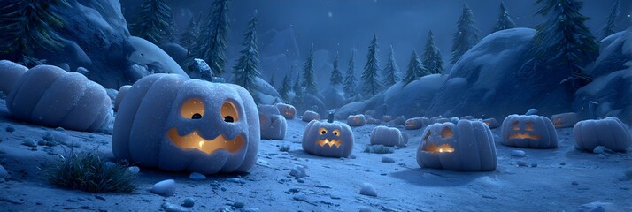 A group of pumpkins are lit up in the snow