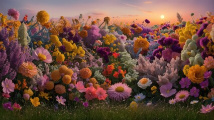 Vibrant meadow bursting with colorful wildflowers and soft grasses under a gentle sunset sky, evoking feelings of peace and natural beauty.