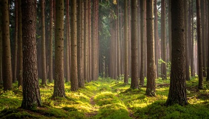 Obraz premium A sunlit pathway carves through a dense forest of tall trees, creating depth and a sense of tranquility. The ground is covered in green moss