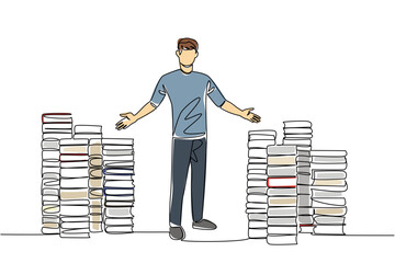 Continuous one line drawing a number of stacks of books and a man standing with a welcome gesture. Offering discounted books. National Small Business Day. Single line draw design vector illustration