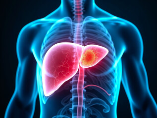 Human liver highlighted in medical scan showing disease or inflammation concept