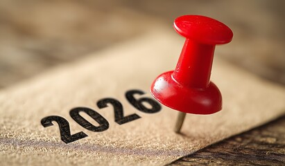 Red pushpin placed on a paper featuring the year 2026 on a wooden surface during a planning session