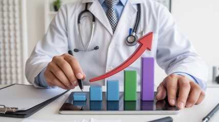 Confident doctor analyzes rising healthcare profits with digital chart, symbolizing financial growth and medical success in modern practice.