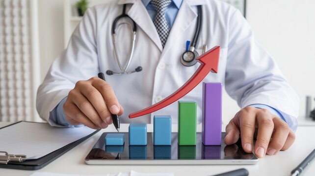 Confident doctor analyzes rising healthcare profits with digital chart, symbolizing financial growth and medical success in modern practice.