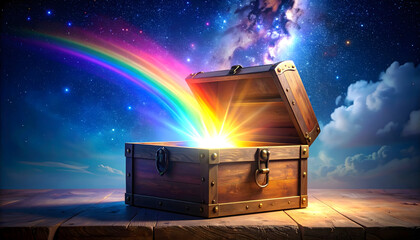 A treasure chest filled with gold and silver treasures that emits rainbow-colored light