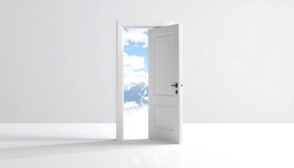 A white door, slightly ajar, revealing a vibrant view of a blue sky, clouds, and snowy mountains, creating a hopeful and airy composition